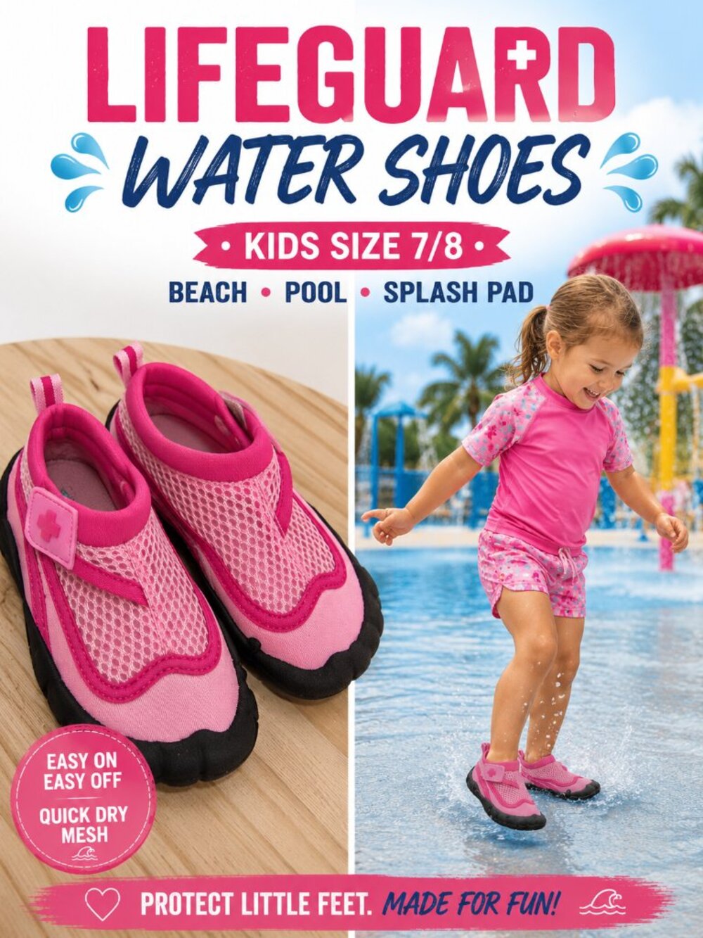 Lifeguard Pink Water Shoes Toddler Kids Size 7/8 Beach Pool Splash Pad Swim